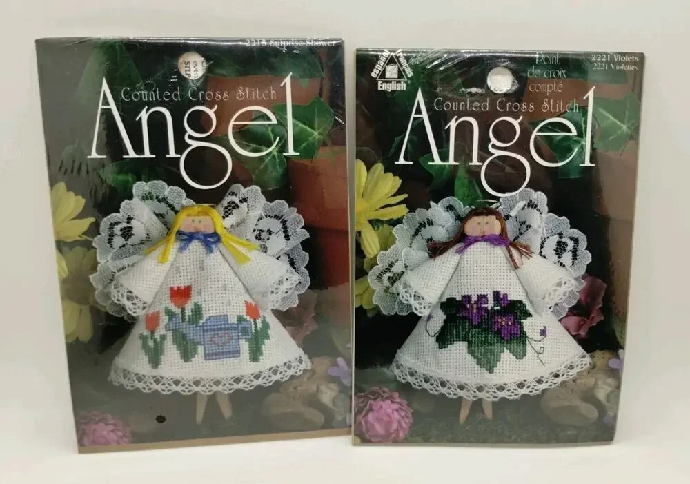 Lot of 2 Counted Cross Stitch Kit Angel 2215 Surprise Shower and 2221 Violets